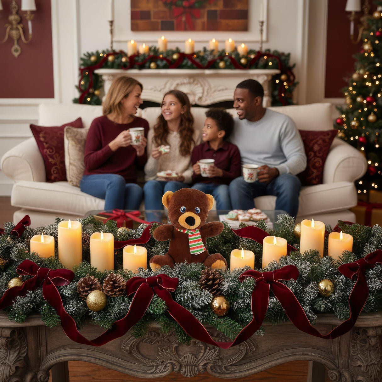 Christmas Bear Plushie Soft Cuddly Toy - 20cm Brown Festive Teddy with Red Green Striped Scarf, for Children and Adults