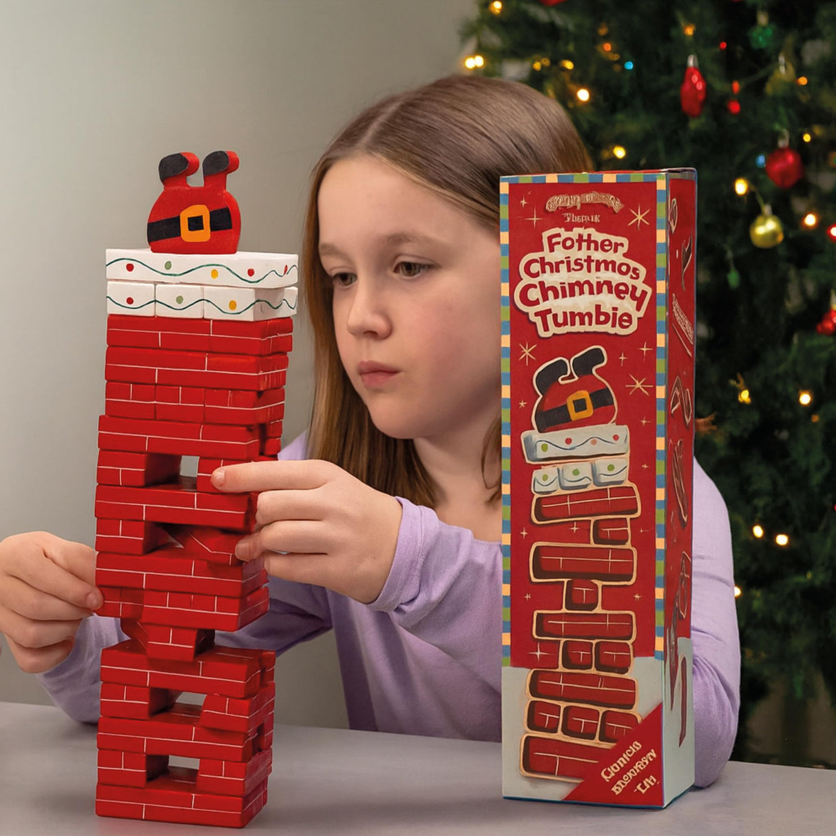 Playwrite Father Christmas Chimney Tumble Wooden Stacking Block Game – Festive Christmas Tower Game for Kids and Families
