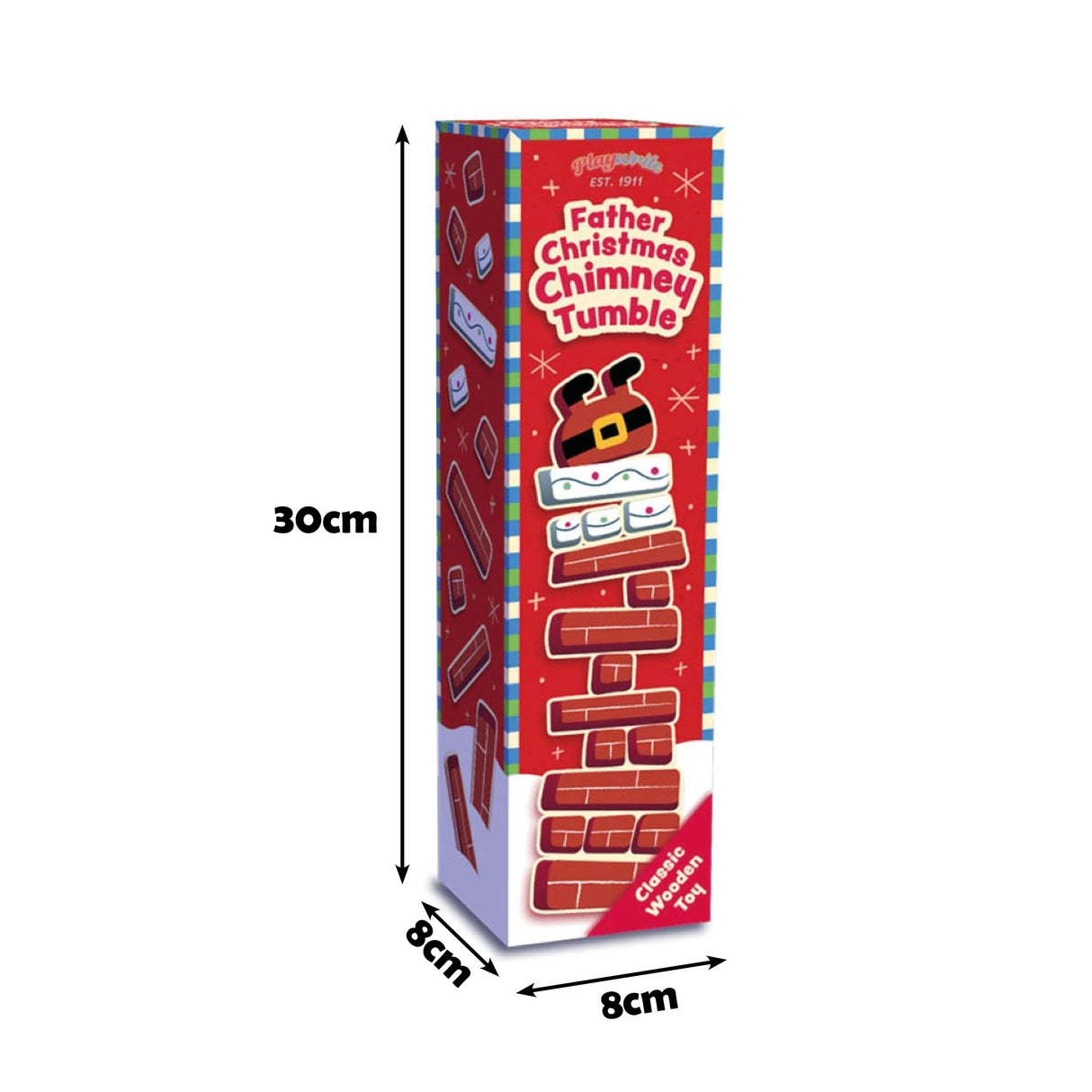 Playwrite Father Christmas Chimney Tumble Wooden Stacking Block Game – Festive Christmas Tower Game for Kids and Families