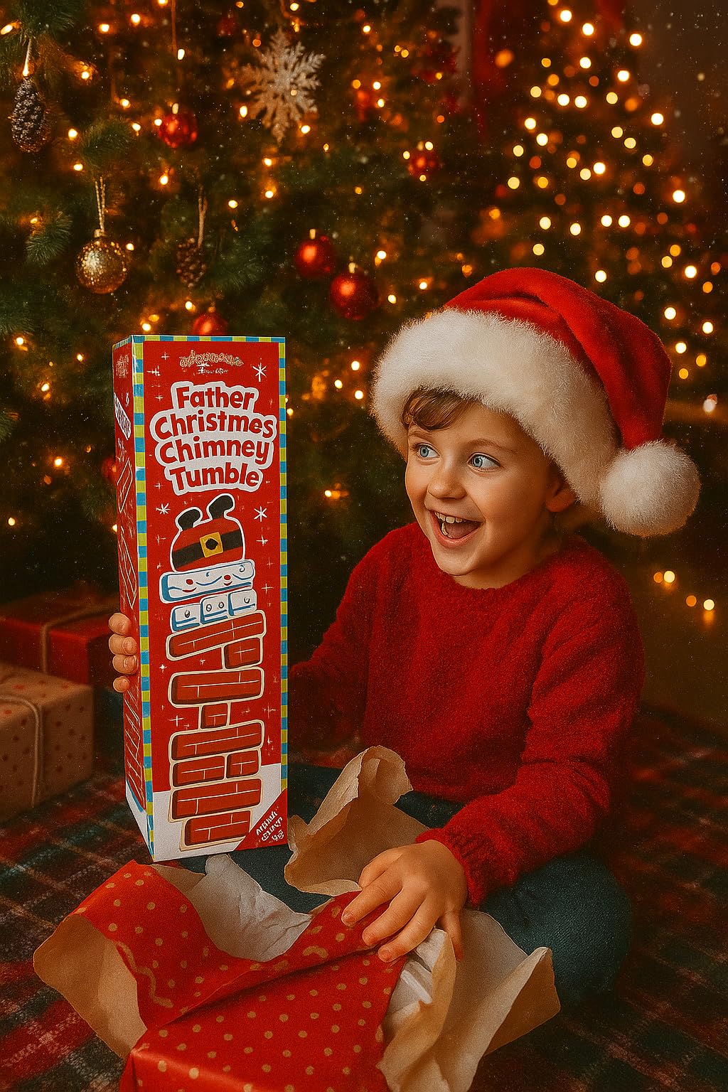 Playwrite Father Christmas Chimney Tumble Wooden Stacking Block Game – Festive Christmas Tower Game for Kids and Families