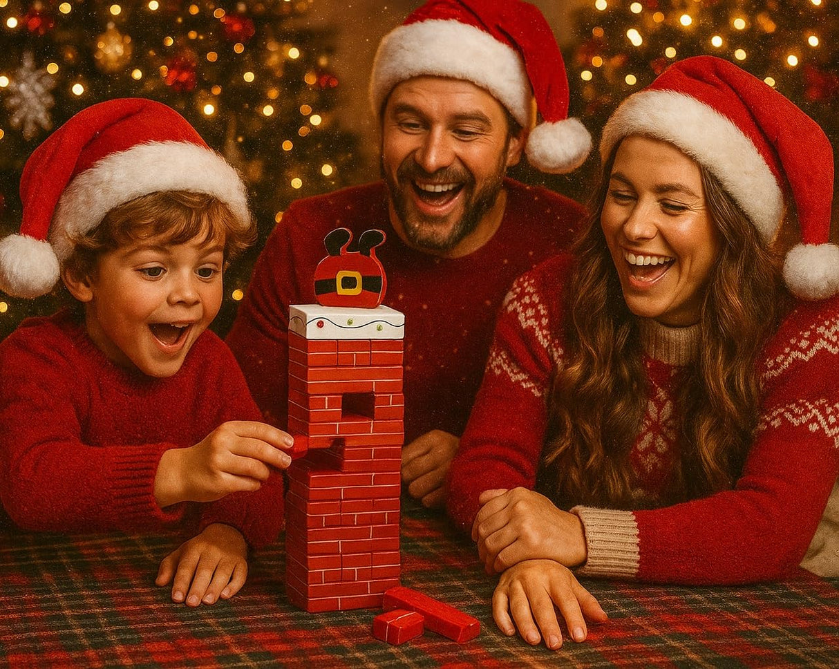 Playwrite Father Christmas Chimney Tumble Wooden Stacking Block Game – Festive Christmas Tower Game for Kids and Families
