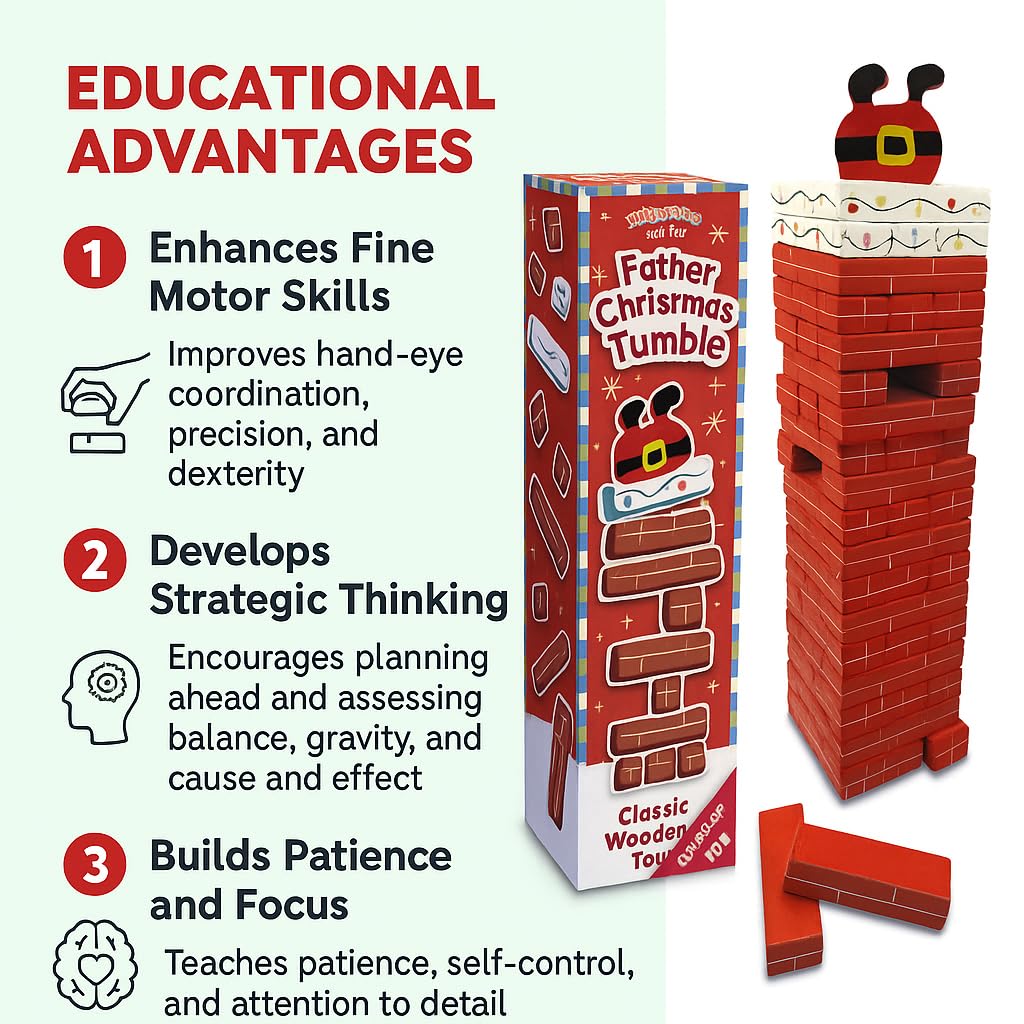 Playwrite Father Christmas Chimney Tumble Wooden Stacking Block Game – Festive Christmas Tower Game for Kids and Families