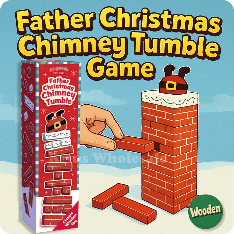 Playwrite Father Christmas Chimney Tumble Wooden Stacking Block Game – Festive Christmas Tower Game for Kids and Families