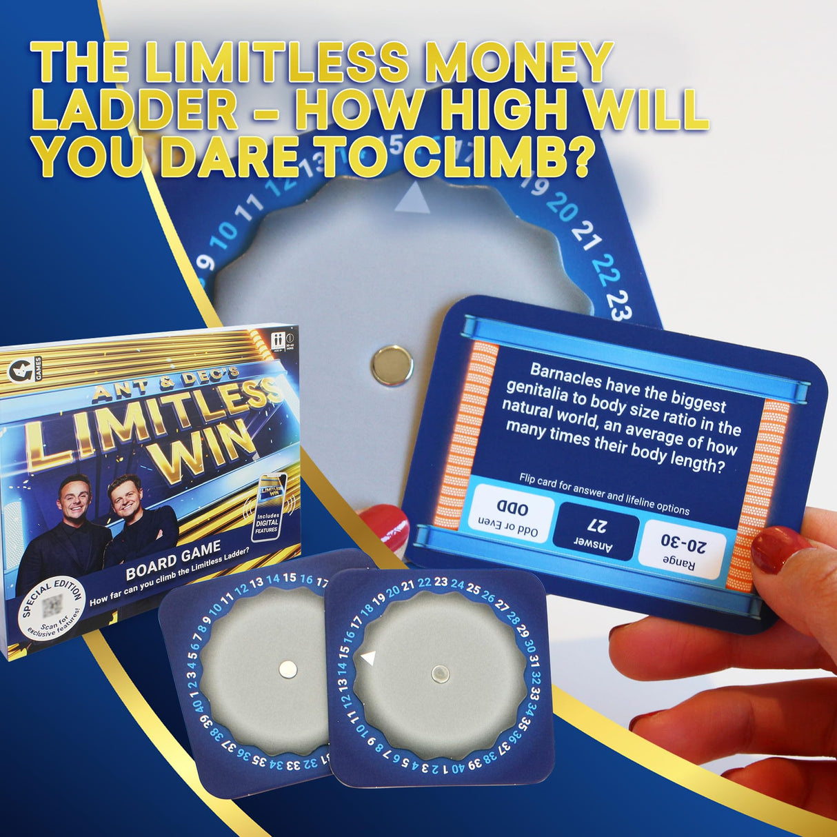 Ant & Dec's Limitless Win Special Edition Board Game. Answer Fun Family Trivia Questions to Climb the Money Ladder. Just Like ITV's Hit TV Show. For 2+ Players, Aged 8+.