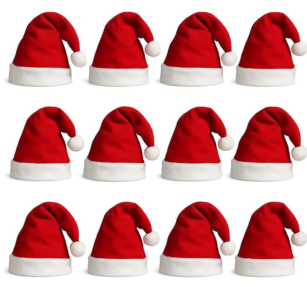 Pack of 12 Christmas Santa Hats - Classic Red Festive Party Costume Accessory for Adults Office Parties Xmas Celebrations Event Fancy Dress Bulk Novelty Hats for Men and Women