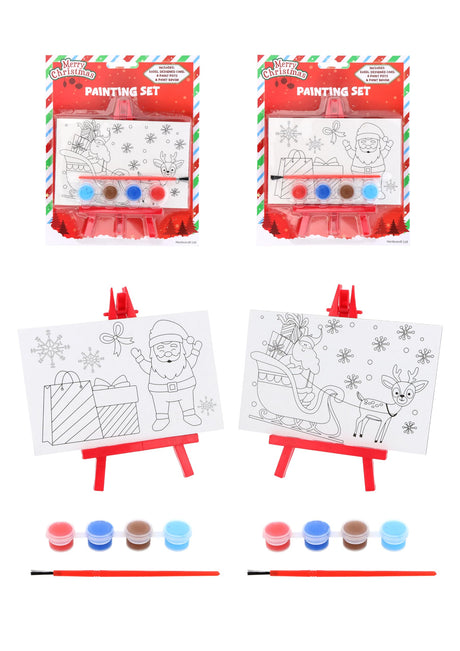 Christmas Mini Painting Party Favour Sets with Plastic Easel and Canvas Colouring Card Craft Activity Kit for Kids 2 Designs Xmas Party Supplies for Boys and Girls