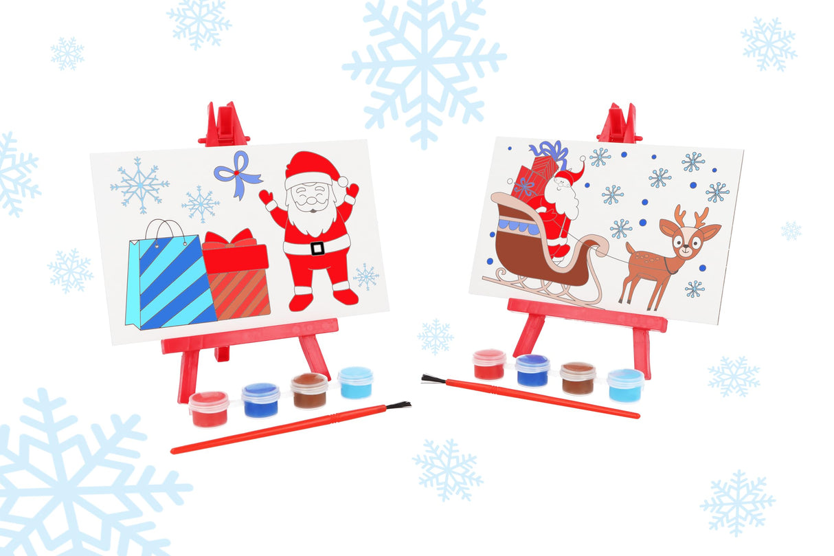 Christmas Mini Painting Party Favour Sets with Plastic Easel and Canvas Colouring Card Craft Activity Kit for Kids 2 Designs Xmas Party Supplies for Boys and Girls