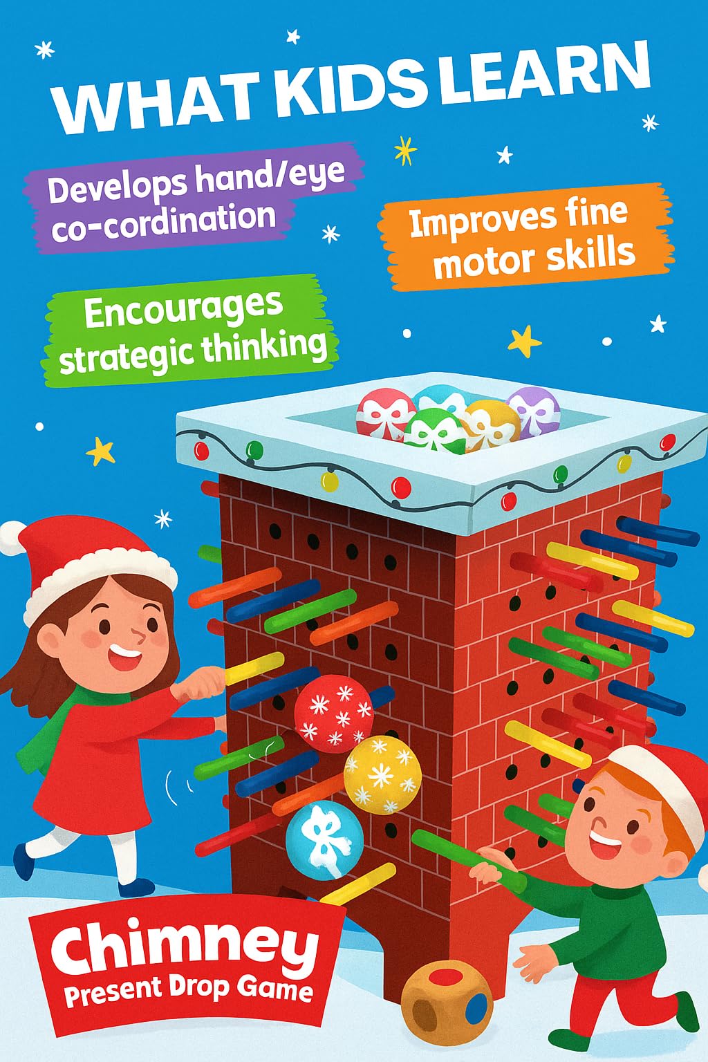Playwrite Santa’s Chimney Present Drop Wooden Game – Festive Stick & Dice Family Game for Kids | Christmas Tabletop Toy for Holiday Parties & Gifts