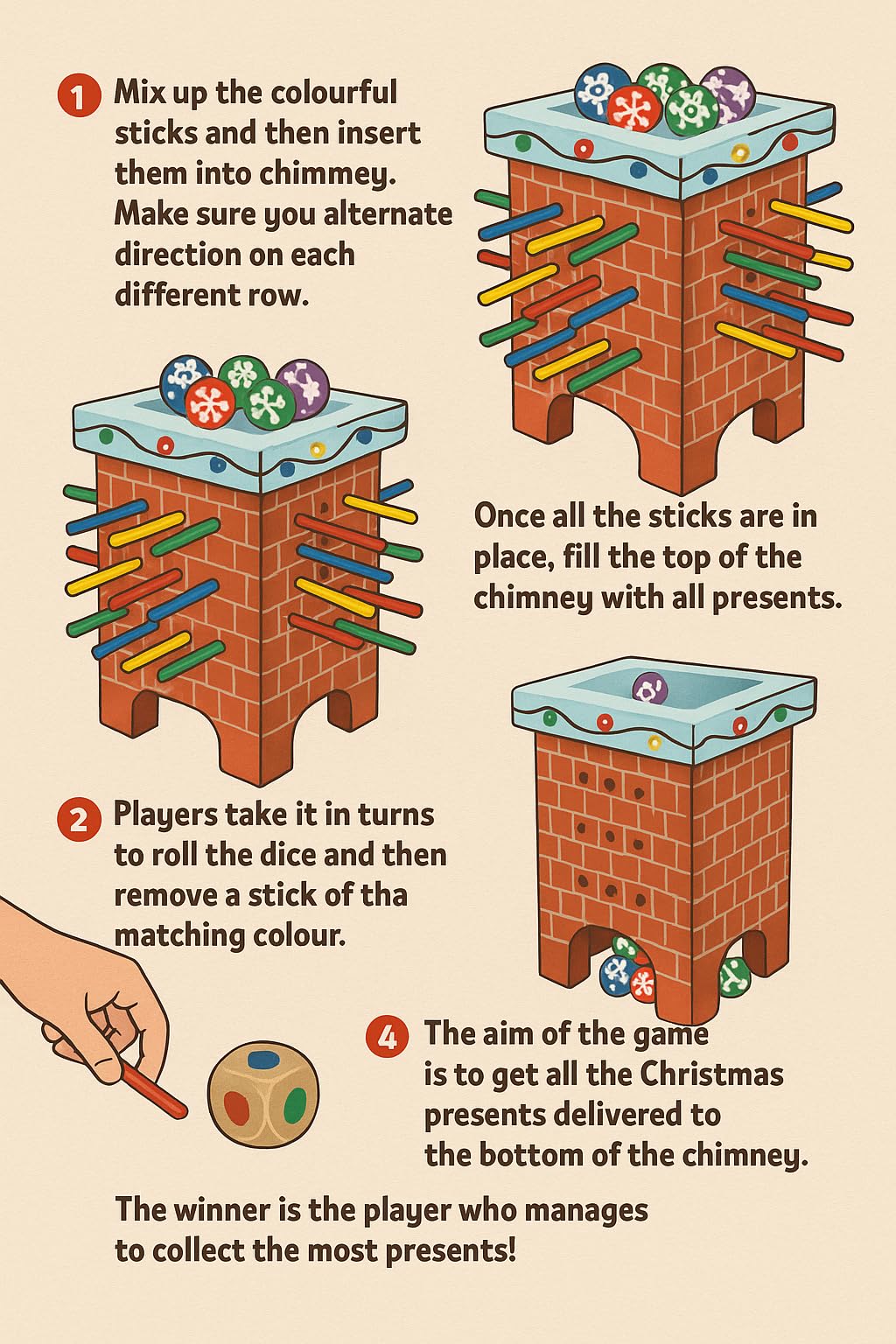 Playwrite Santa’s Chimney Present Drop Wooden Game – Festive Stick & Dice Family Game for Kids | Christmas Tabletop Toy for Holiday Parties & Gifts