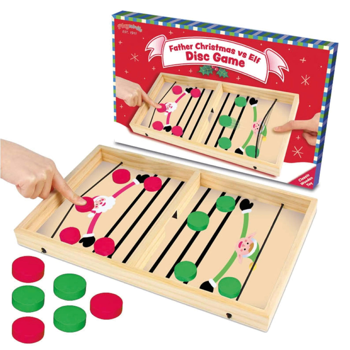 Playwrite Wooden Father Christmas vs Elf Disc Game – Fun Christmas Table Game for Kids & Adults | Fast-Paced Sling Puck Battle | Family Xmas Gift Idea