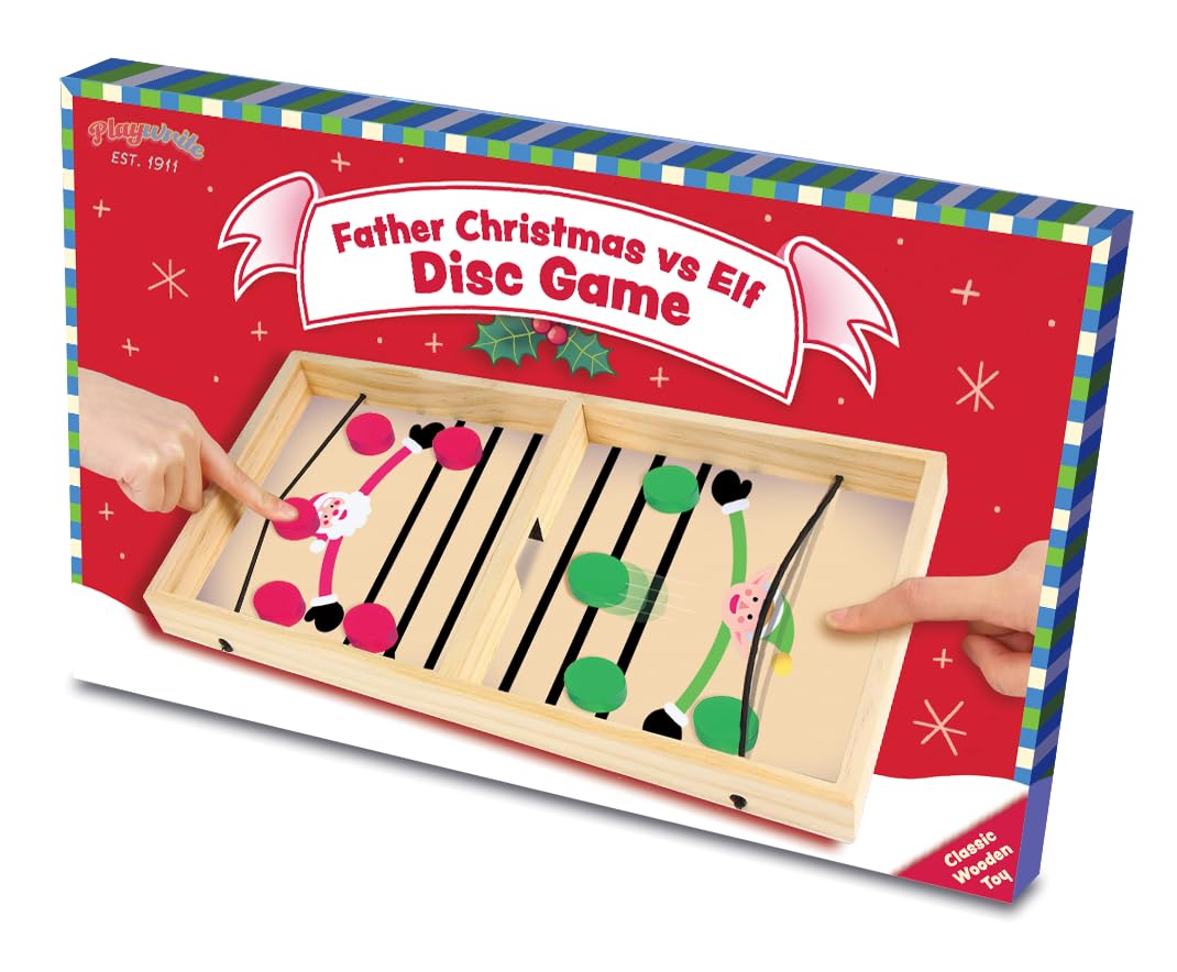 Playwrite Wooden Father Christmas vs Elf Disc Game – Fun Christmas Table Game for Kids & Adults | Fast-Paced Sling Puck Battle | Family Xmas Gift Idea