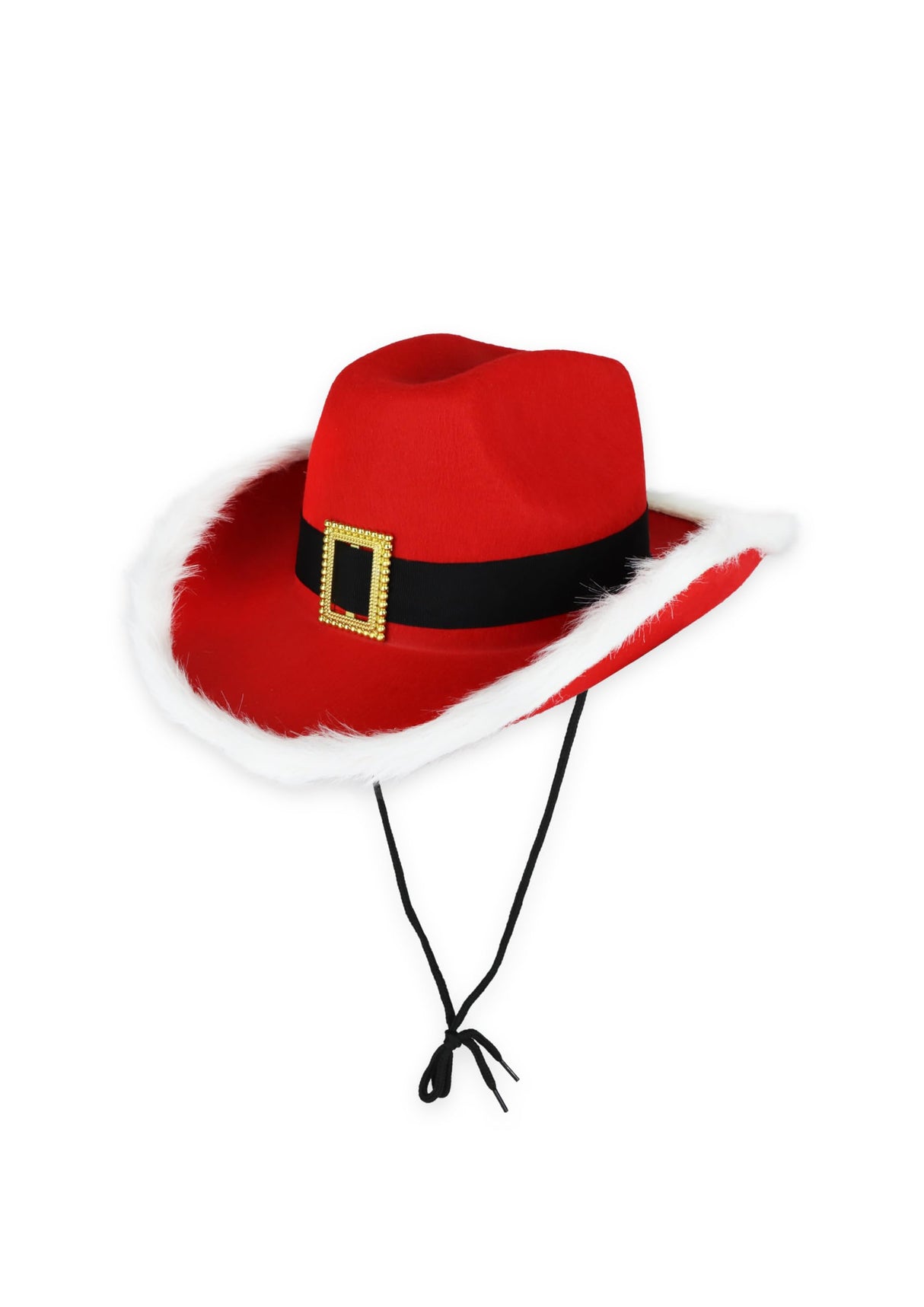 Red Santa Cowboy Hat Adult - Christmas Western Fancy Dress Costume with Black Belt Gold Buckle White Fur Trim and Chin Cord