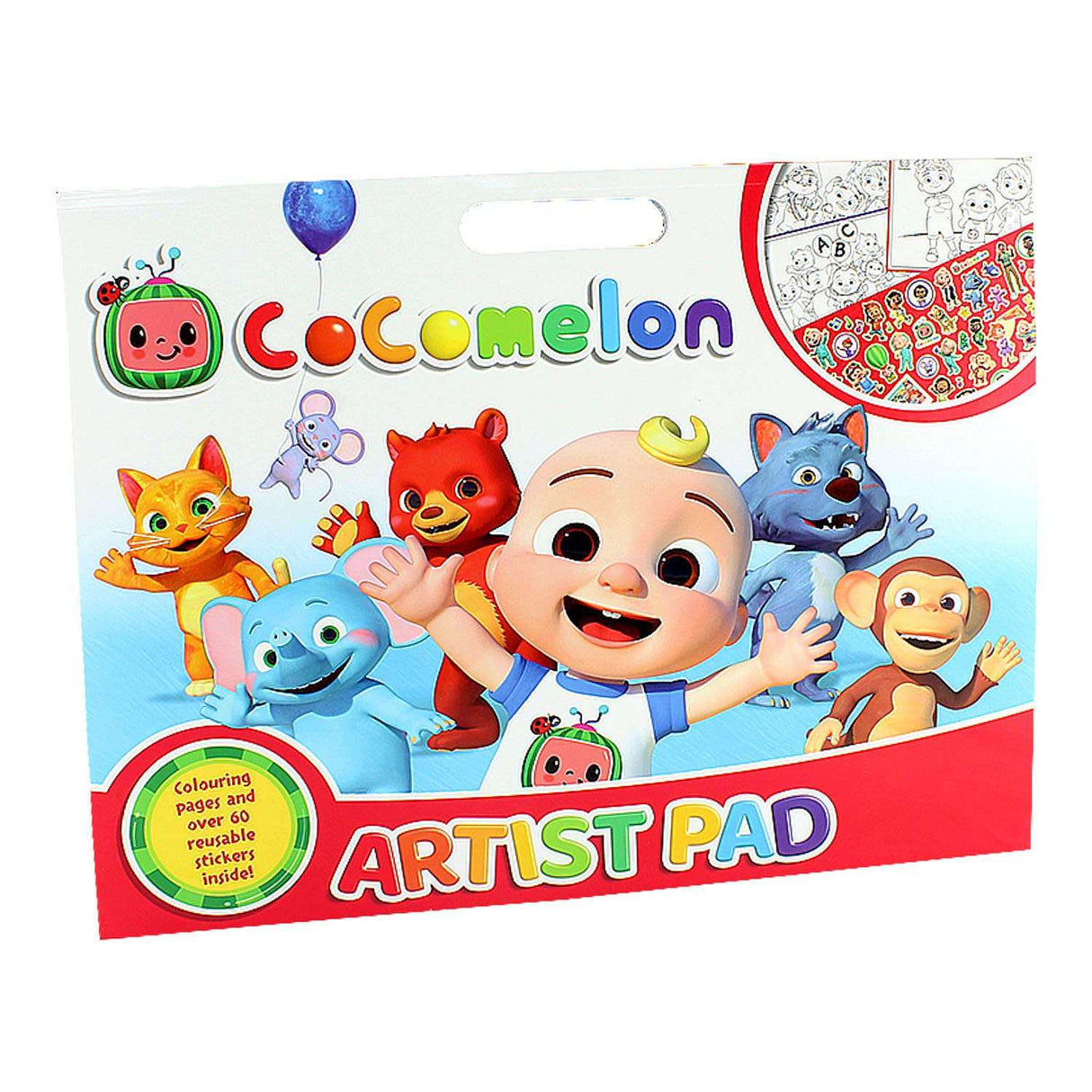Cocomelon Artist Pad with coloring pages and reusable stickers, featuring popular characters.