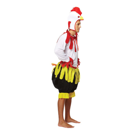 Adult men’s chicken fancy dress costume with white top, black shorts, and chicken headpiece, perfect for parties and Halloween.