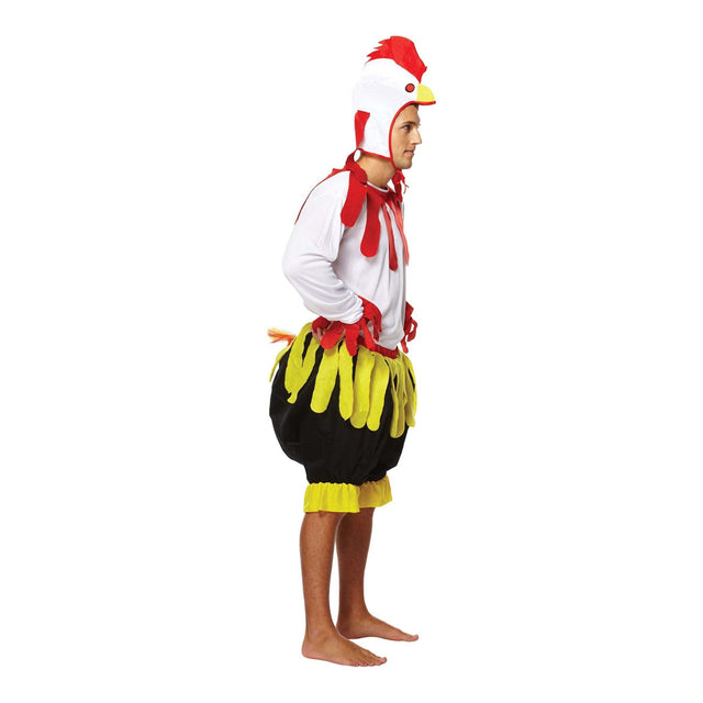 Adult men’s chicken fancy dress costume with white top, black shorts, and chicken headpiece, perfect for parties and Halloween.