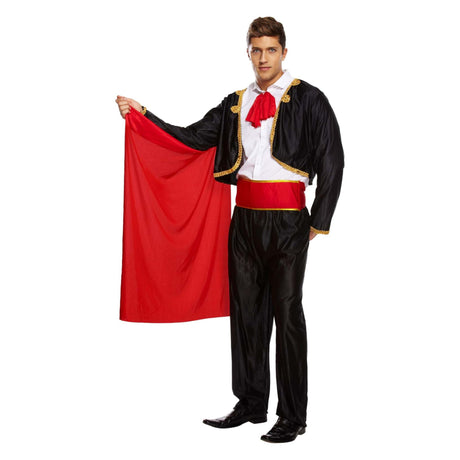 Adult men’s matador suit Spanish costume with red cape and black jacket.