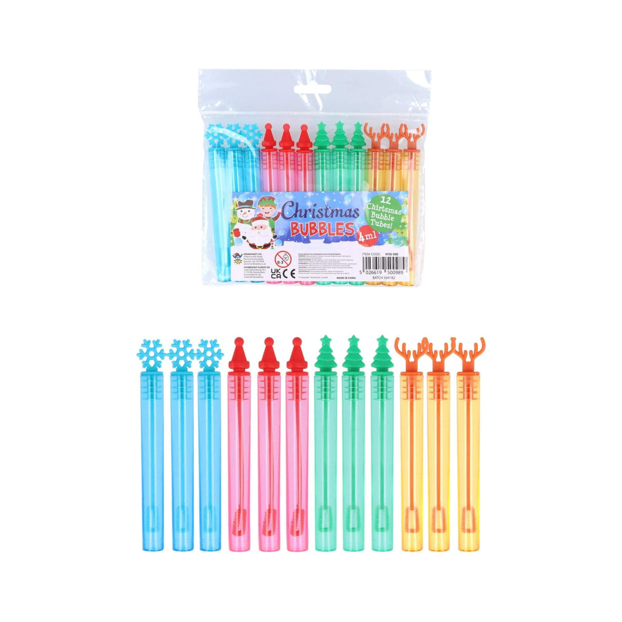 Henbrandt mini Christmas bubble tubes pack of 12 with festive toppers and wands for children.