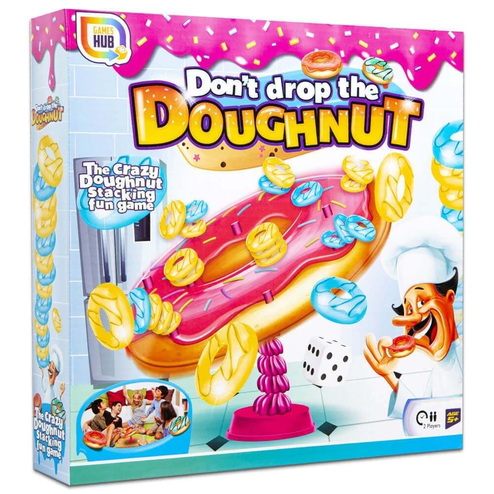 Don’t Drop The Doughnut Game box featuring colorful doughnuts and chef illustration.