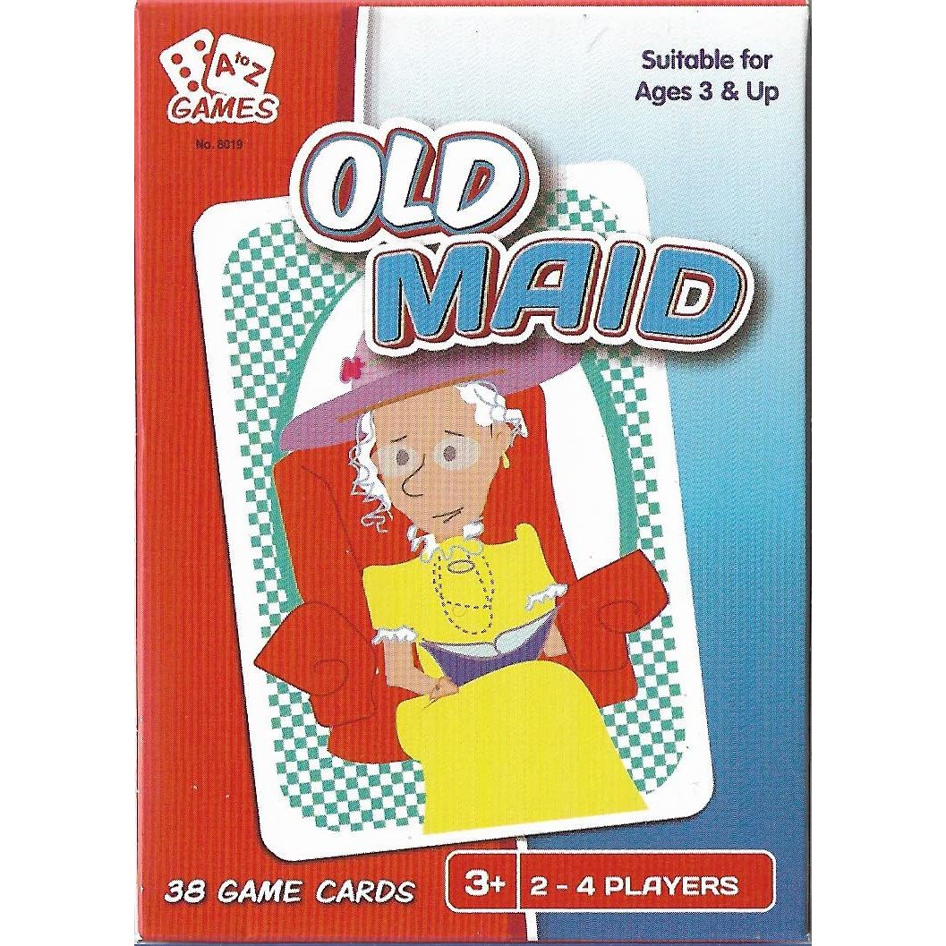 Old Maid Card Game box cover featuring colorful design and illustration of the Old Maid character, suitable for ages 3 and up.