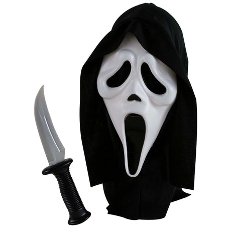 Ghost face mask and knife accessory costume by Fun World Costumes.