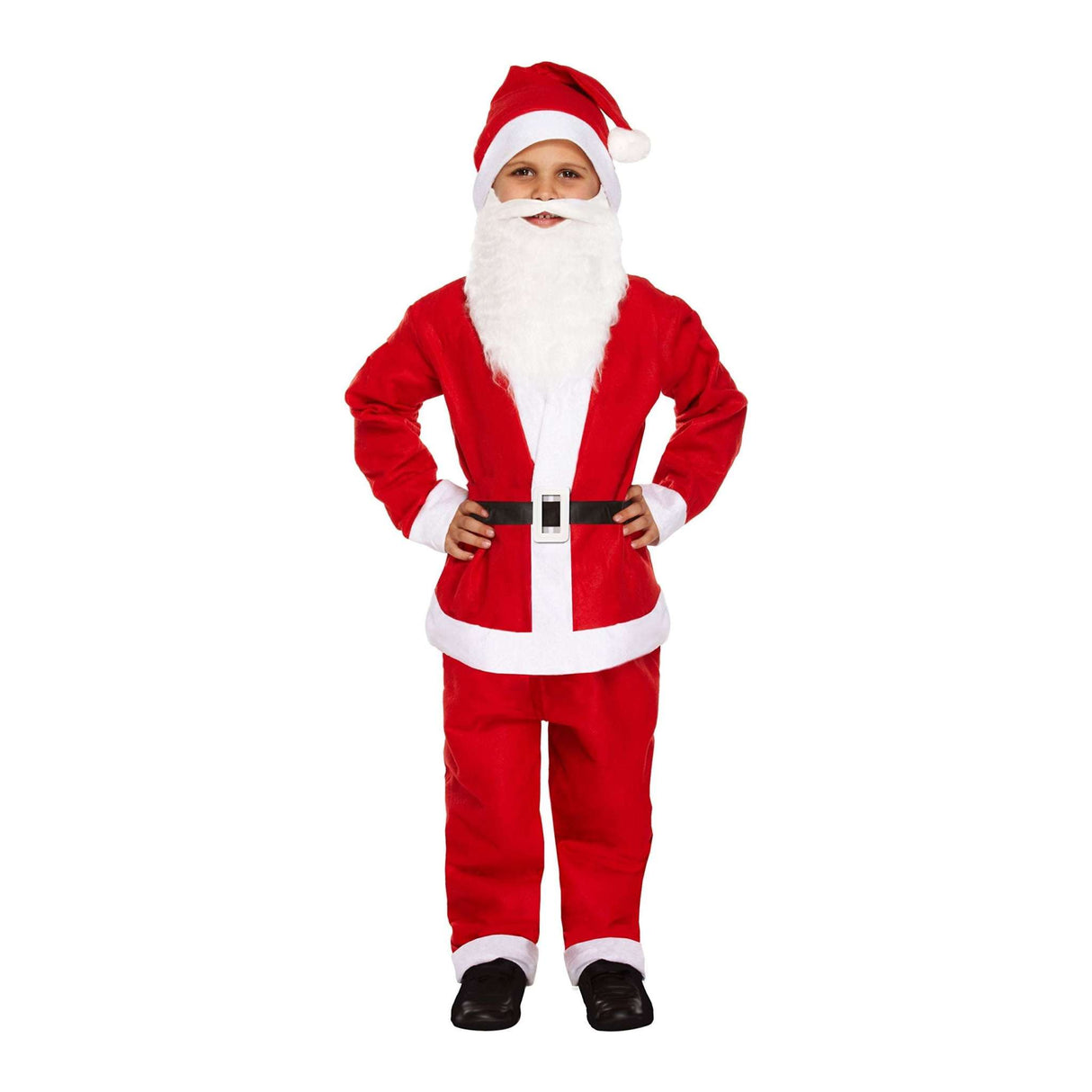 Children's Santa Claus costume for ages 7-9 with red suit, white trim, belt, hat, and beard.