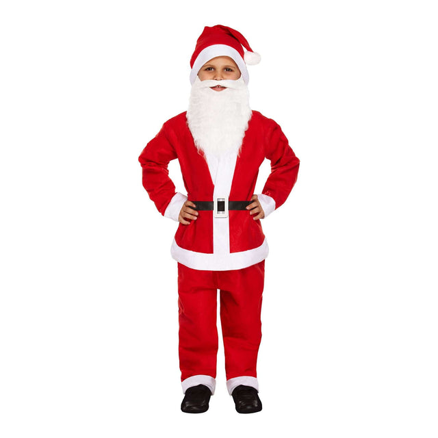 Children's Santa Claus costume for ages 7-9 with red suit, white trim, belt, hat, and beard.