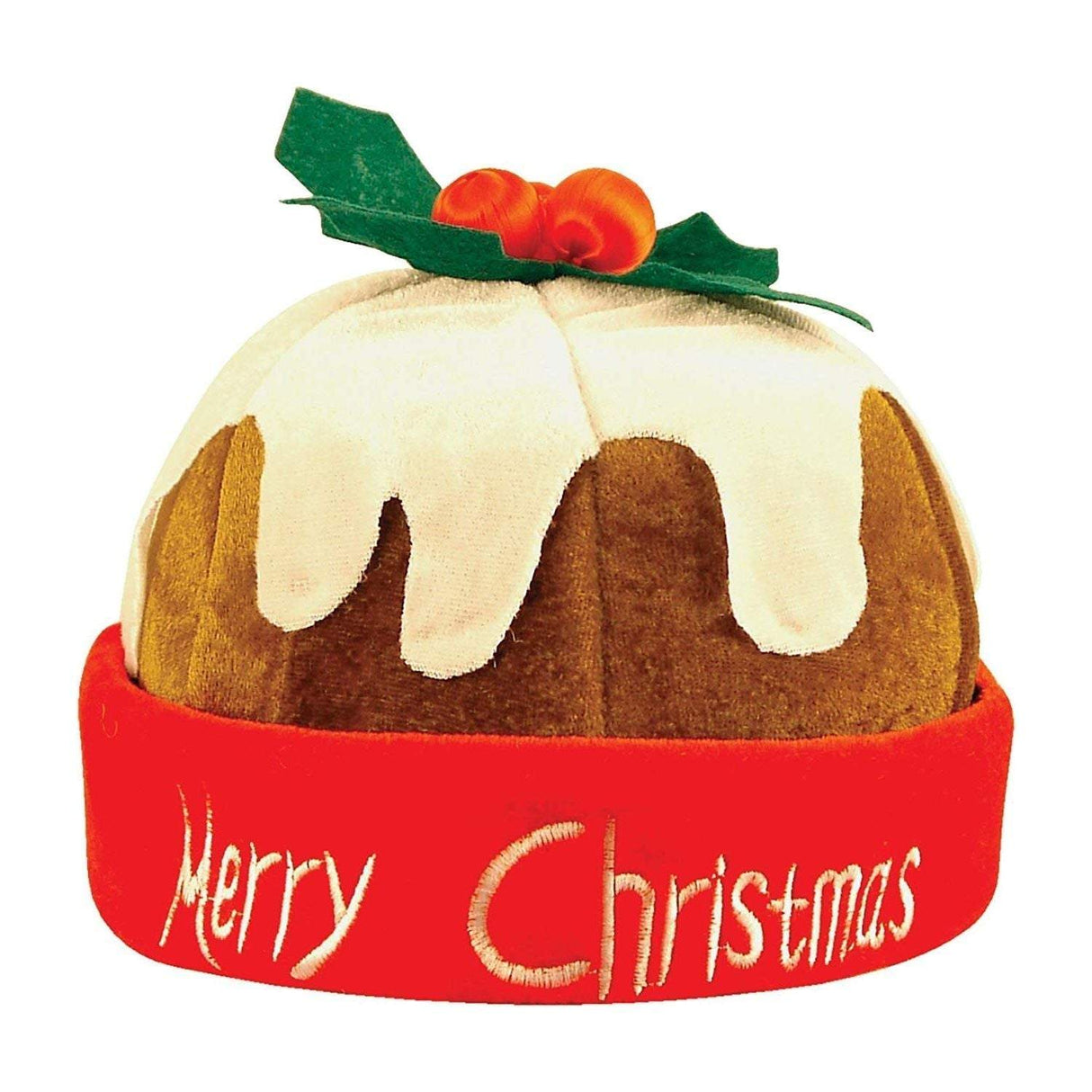 Adult novelty Christmas pudding hat with festive icing and holly decoration.