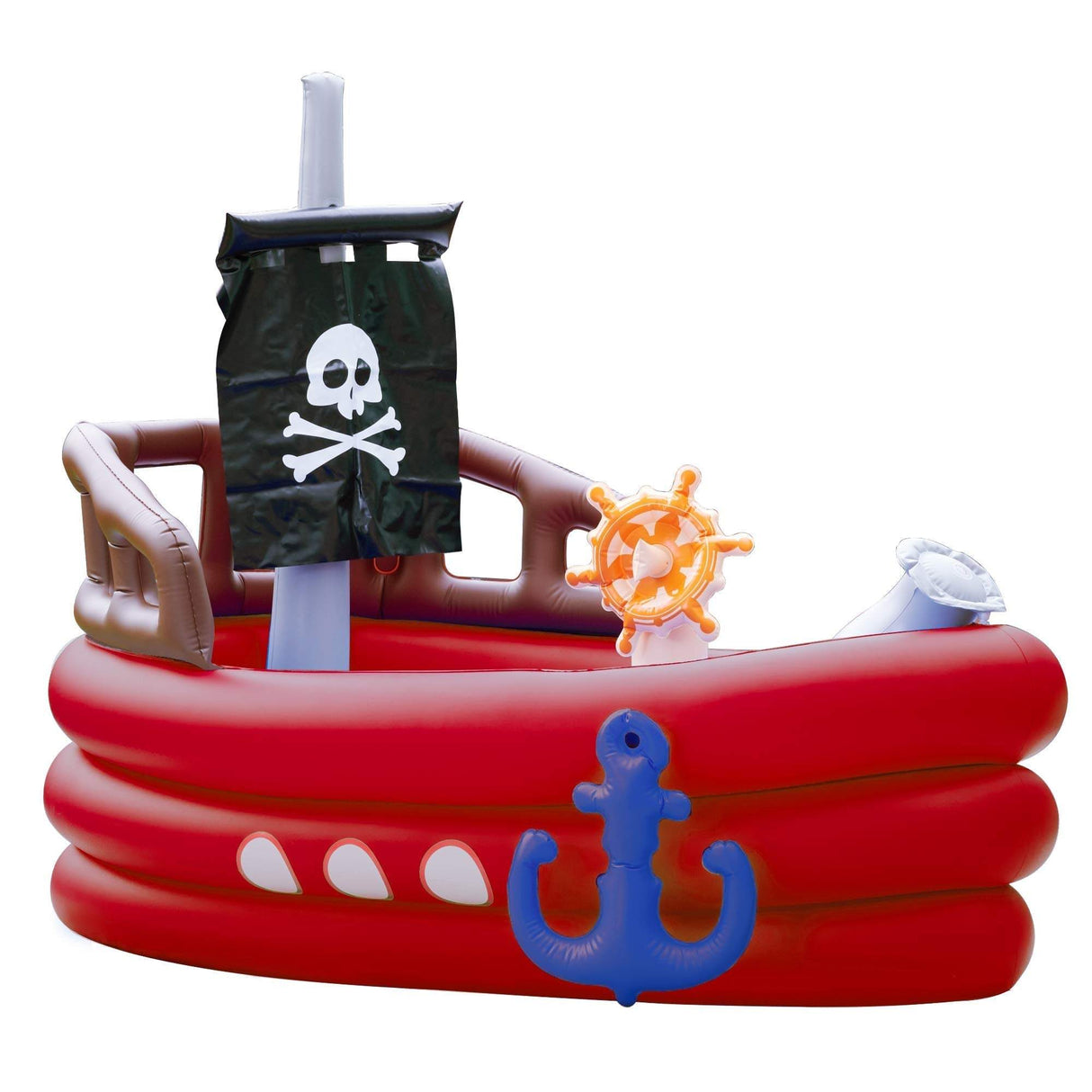 Inflatable pirate boat for kids with pirate flag and steering wheel, perfect for outdoor water play.