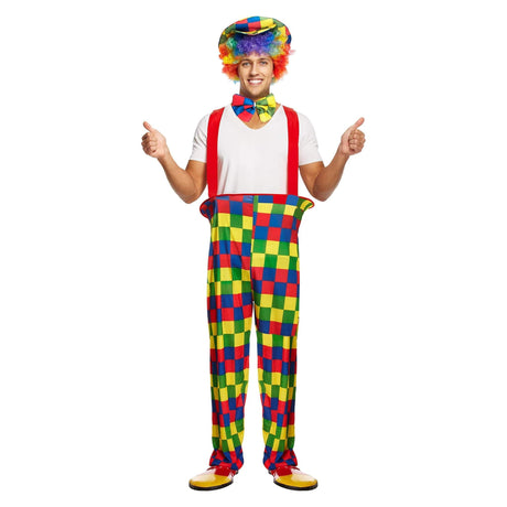 Adult men's rainbow clown costume with hat, bow tie, and hooped pants in bright harlequin pattern.