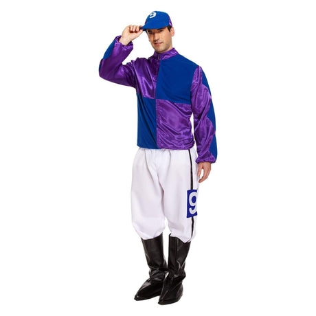 Adult men’s blue and purple horse jockey outfit with peaked hat and boot covers.