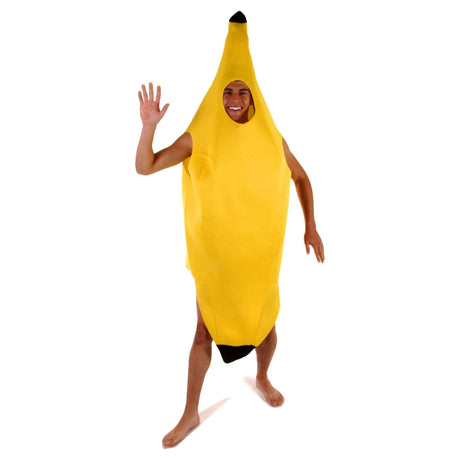 Adult wearing a funny yellow banana costume suit for parties and Halloween.
