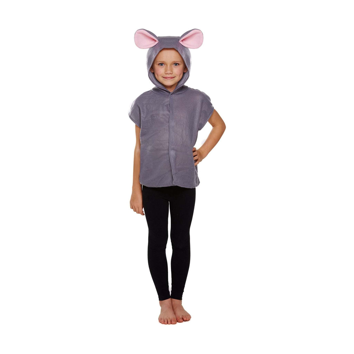 Children's grey mouse costume ages 4-6 with pink-lined ears for parties and plays.