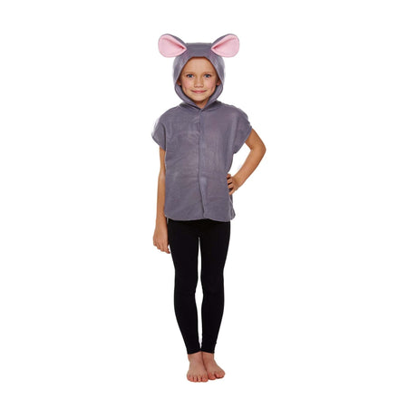 Children's grey mouse costume ages 4-6 with pink-lined ears for parties and plays.