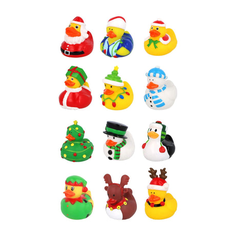 Mini Christmas rubber ducks in festive costumes, including Santa, elves, snowmen, and more, perfect for bath time fun and holiday cheer.