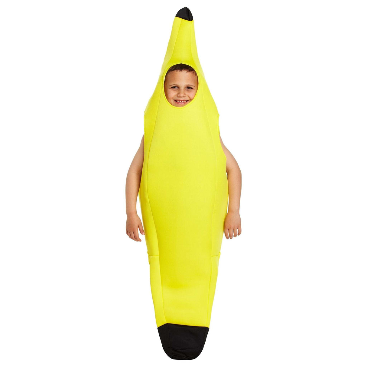 Children's banana costume for kids ages 4-6 in yellow one-piece suit.