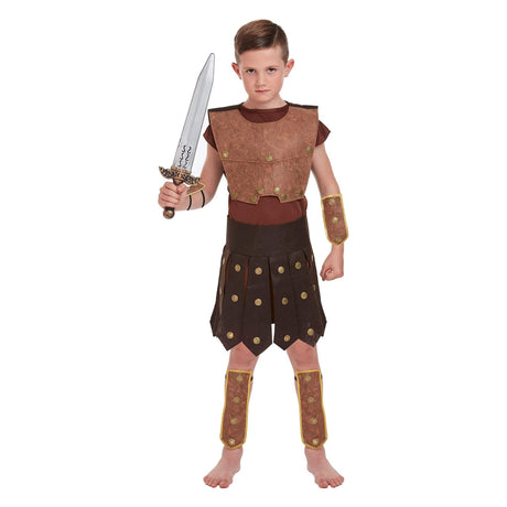 Children's Deluxe Roman Soldier Fancy Dress Costume for ages 4-6, featuring brown tunic and armor with gold detailing.