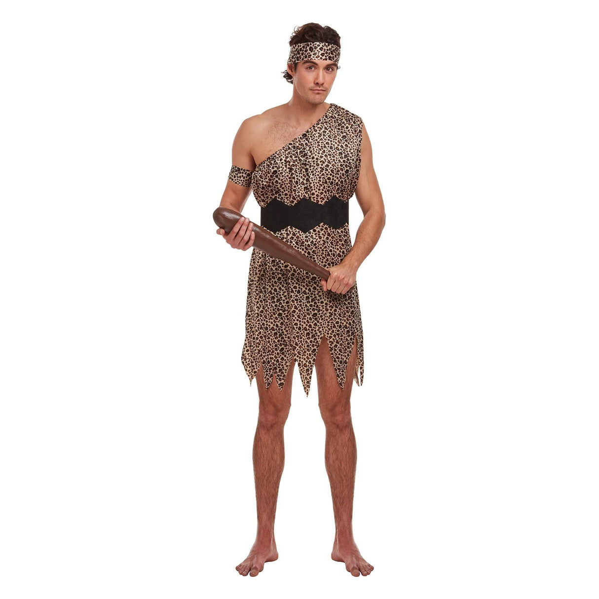 Adult men's caveman fancy dress costume with leopard print tunic, arm and head bands.