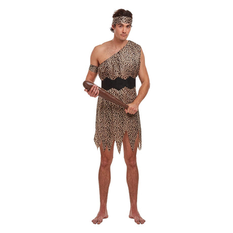 Adult men's caveman fancy dress costume with leopard print tunic, arm and head bands.