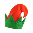 Red and green adult elf hat with bells, Christmas costume accessory.
