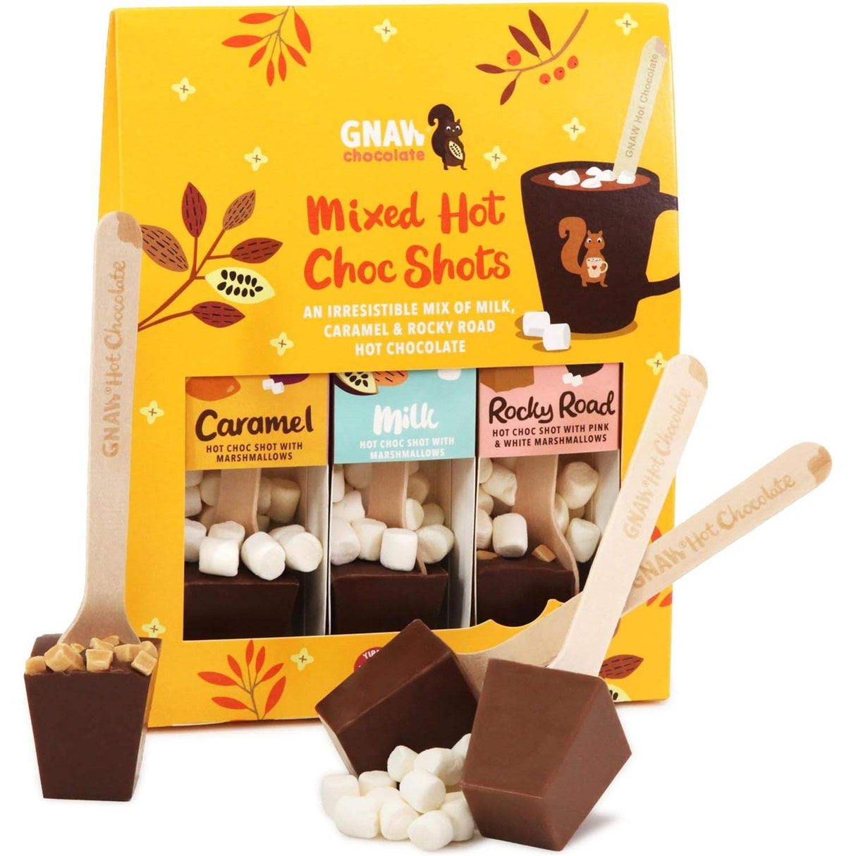 GNAW Mixed Hot Chocolate Spoon Gift Set with caramel, milk, and Rocky Road flavors.