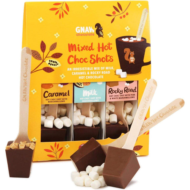 GNAW Mixed Hot Chocolate Spoon Gift Set with caramel, milk, and Rocky Road flavors.
