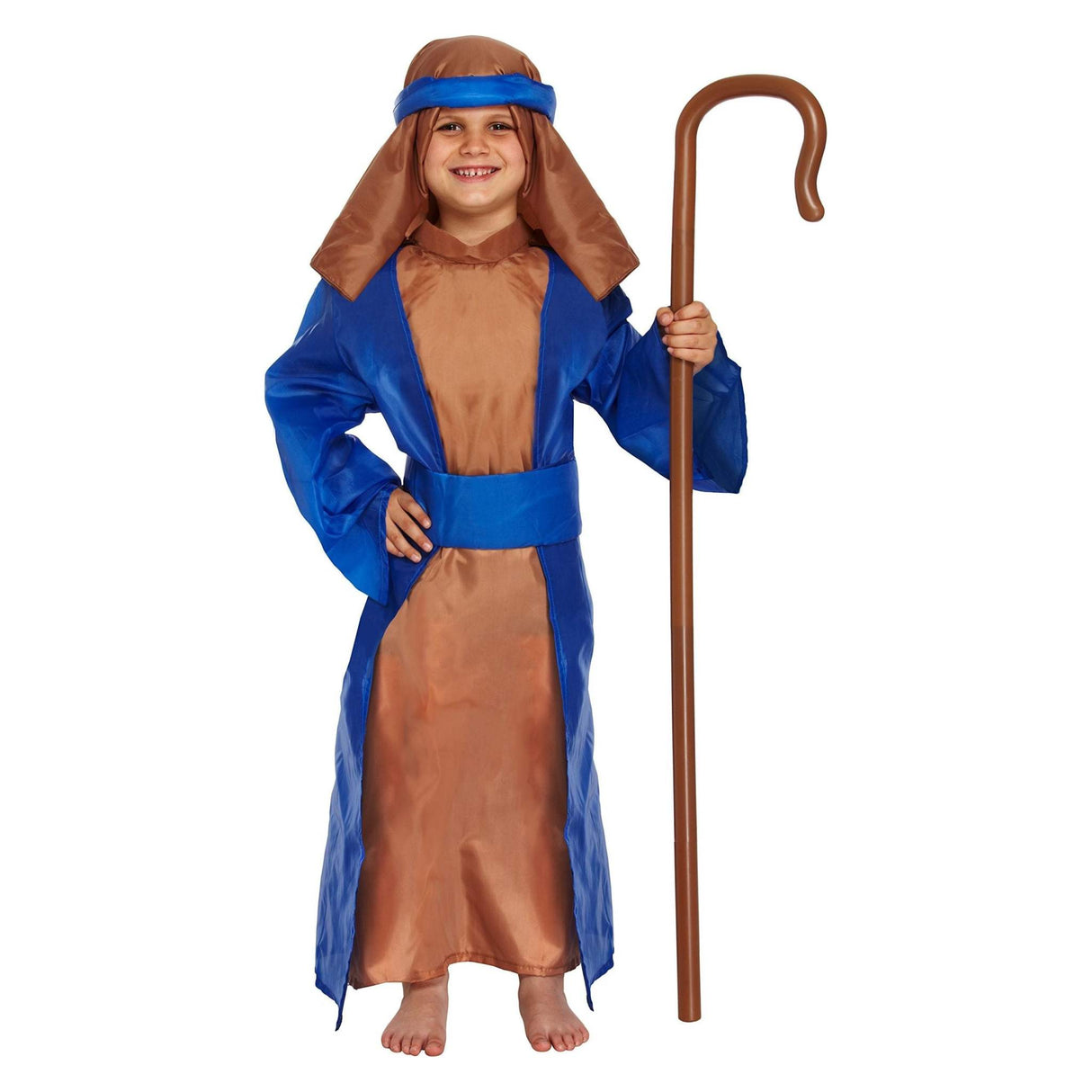Children wearing blue and brown shepherd costume with robe, tunic, hood, and headpiece, suitable for nativity play.