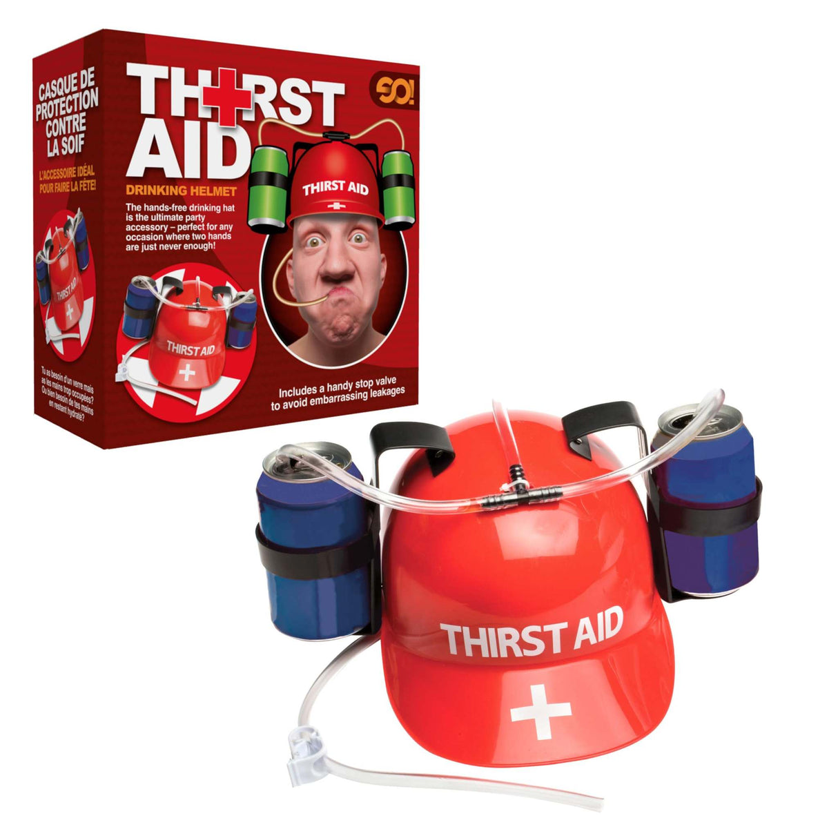 Thirst Aid Helmet Drinking Hat with attached beverage holders and tubing.