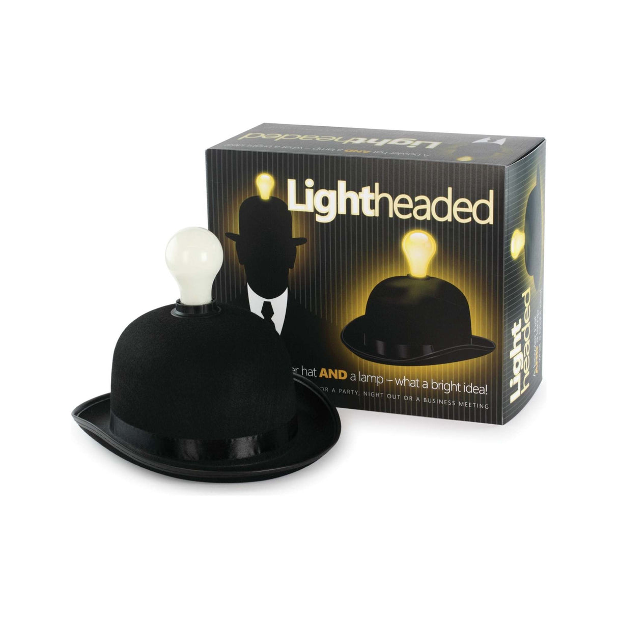 Bowler hat with LED bulb next to "Lightheaded" packaging.