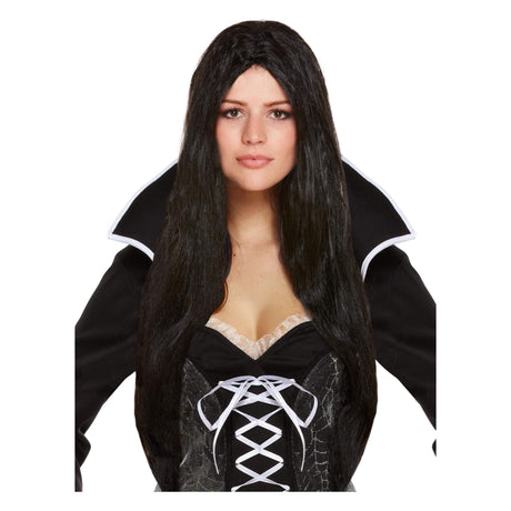 Adult Halloween long black straight witch wig, 65cm fancy dress accessory.