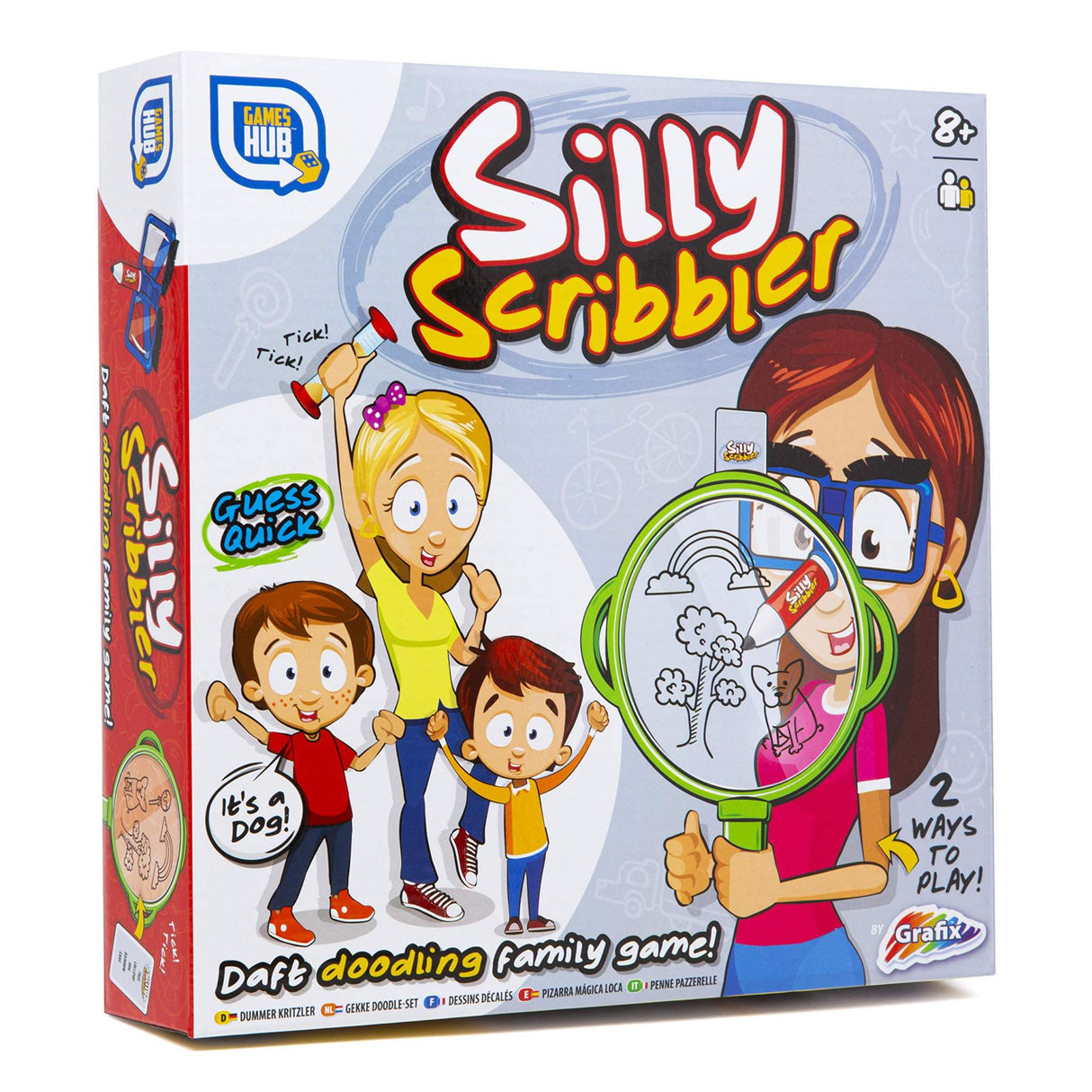 Silly Scribbler Pencil On Nose Drawing Game packaging showing cartoon illustration and game details.