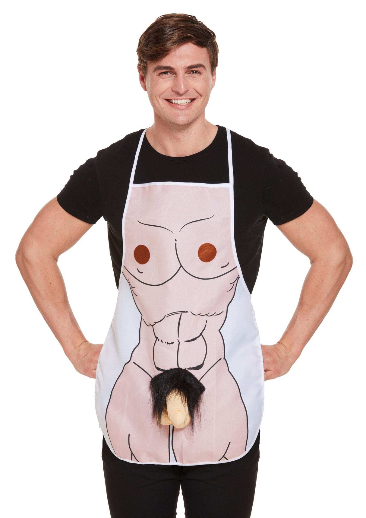 Man wearing whimsical Sexy Man Willy Apron with humorous design featuring cartoon-like male torso.