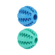 Durable blue and green dog treat toy balls for fun and interactive play.
