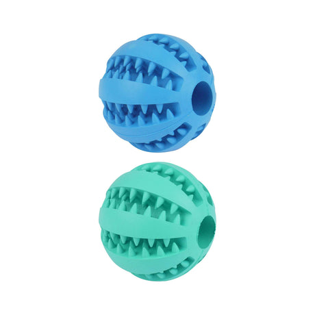 Durable blue and green dog treat toy balls for fun and interactive play.