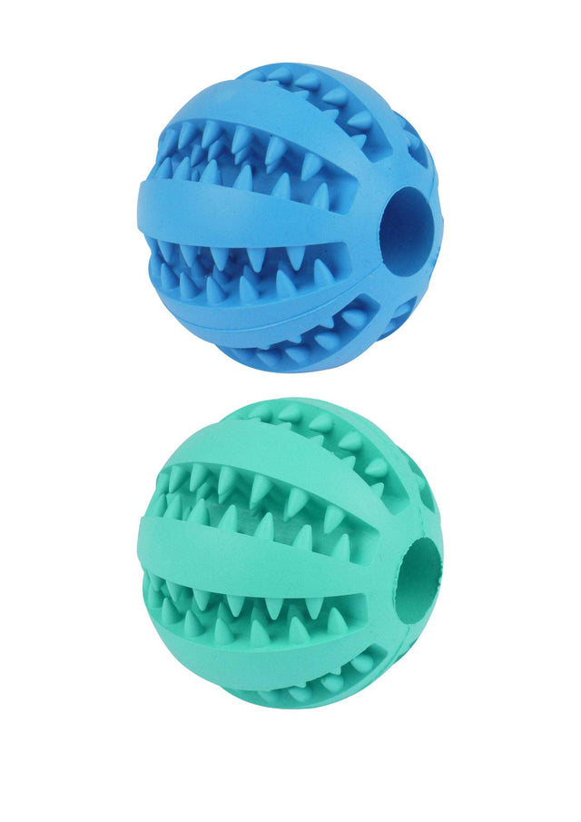Durable blue and green dog treat toy balls for fun and interactive play.